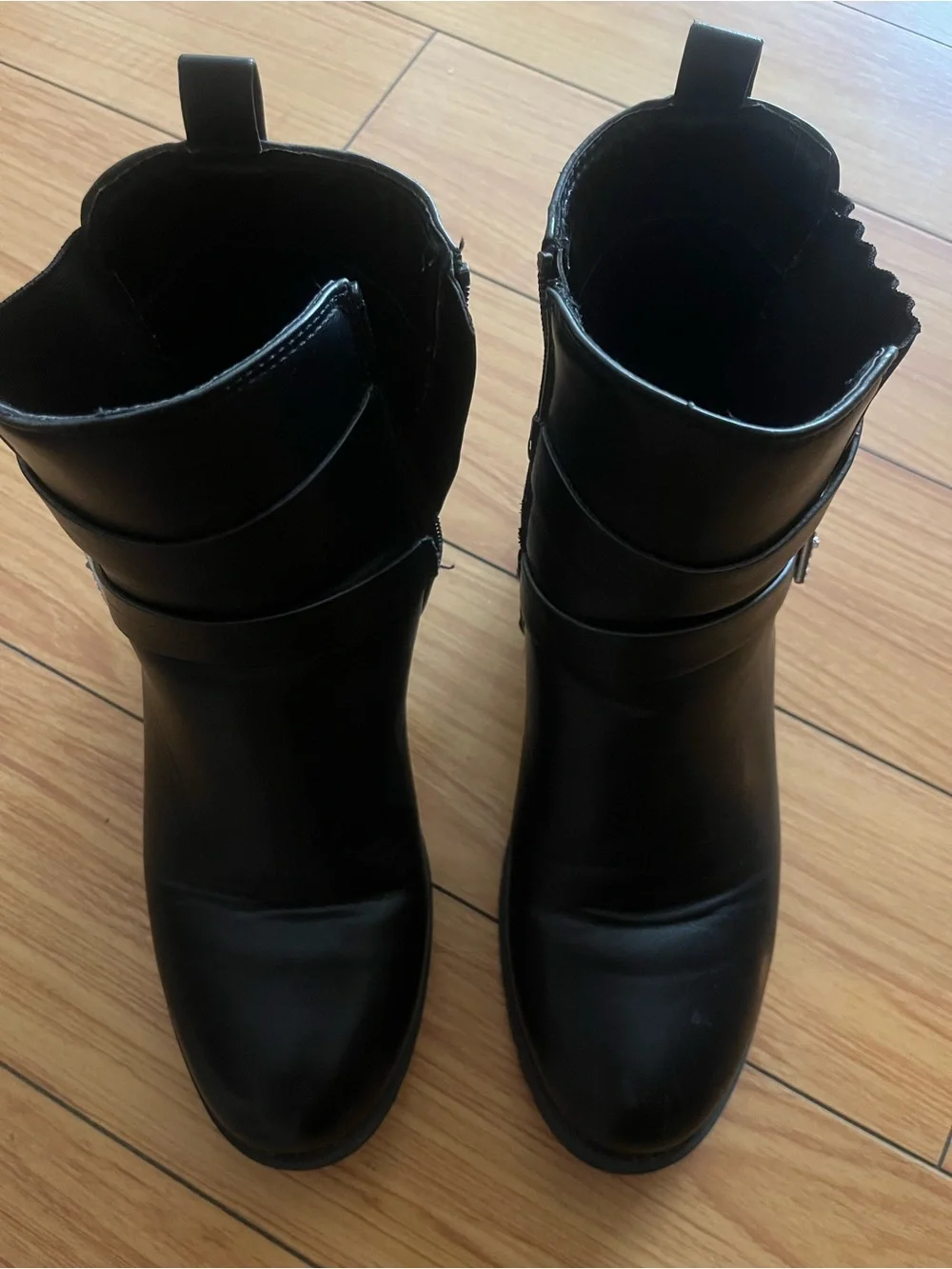 Elditas Stella Black Rhinestone Buckle Moto Ankle Boots Lug Sole Womens